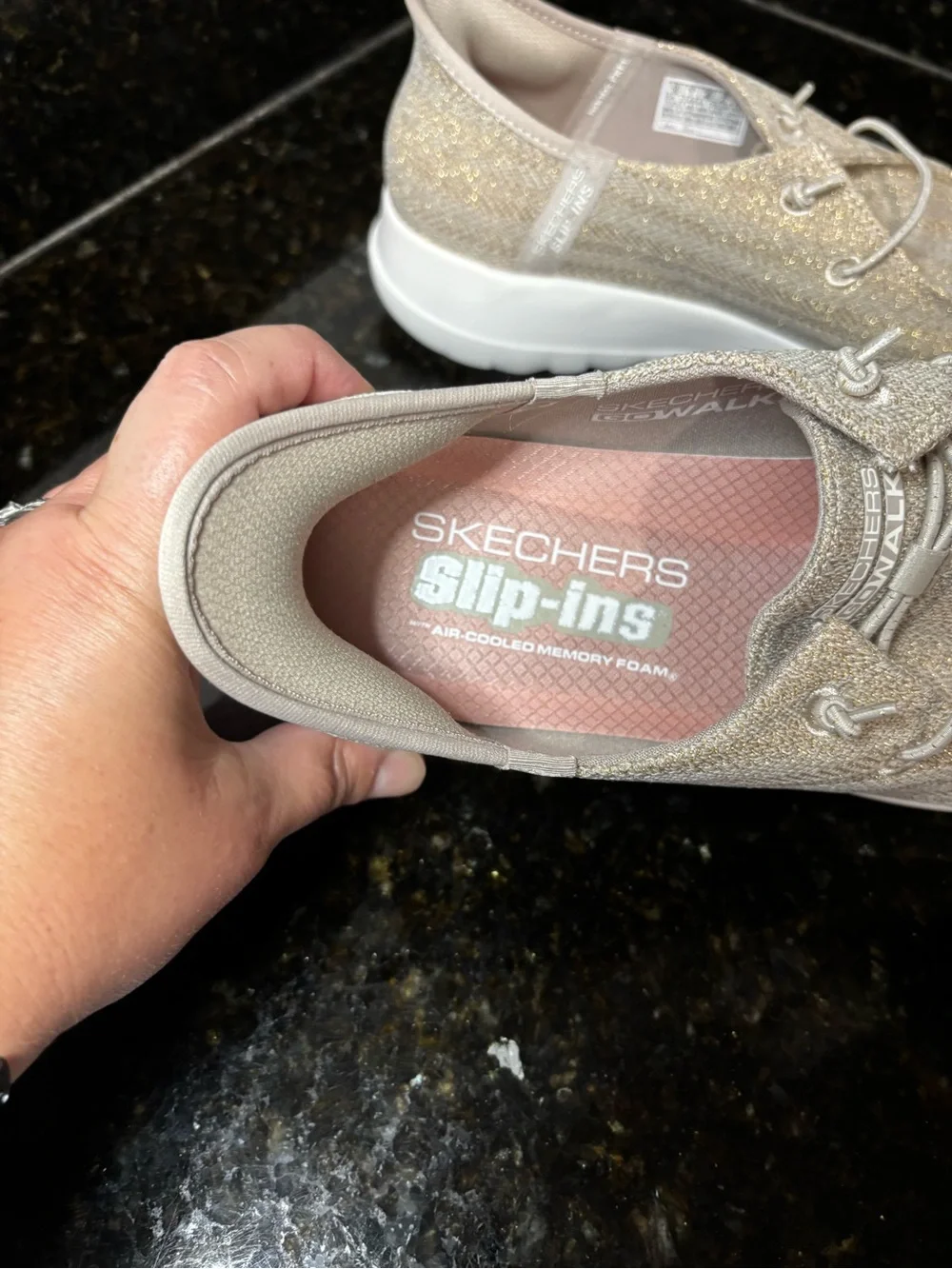 SKECHERS GOWALK Slip Ins Women’s Casual Loafers in Sparkly Gold/Light Beige